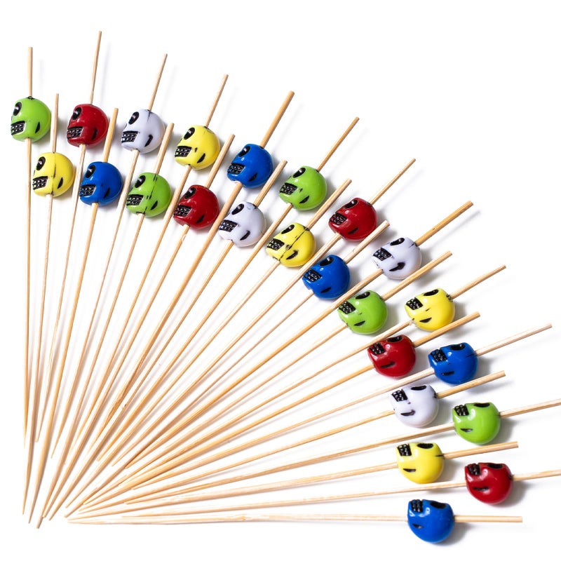 PuTwo Cocktail Picks Handmade Bamboo Toothpicks 100ct 4.7" in Multicolor Skulls - Image 1